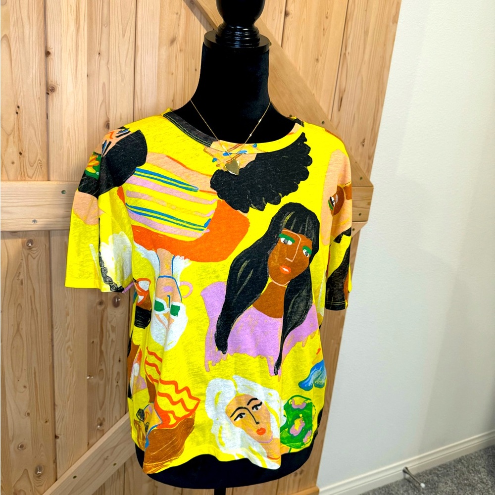 Womens Ladies Faces Floral Cropped Graphic Short Sleeve Tee Shirt NWT